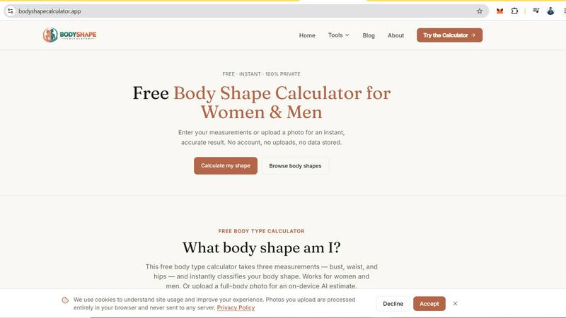 Body Shape Calculator application interface and features