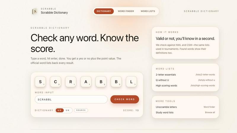 Scrabble Dictionary application interface and features