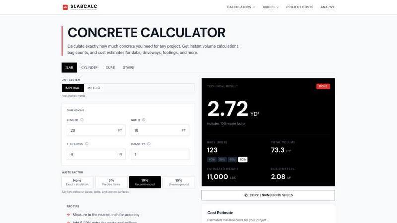 SlabCalc  application interface and features