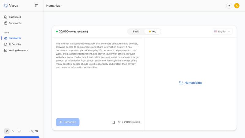 Verva application interface and features